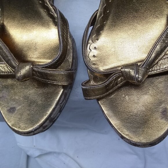 Coach Women's Wedge Platform Sandals Signature Logo Brown Gold Size 11 B Good - Picture 4 of 10